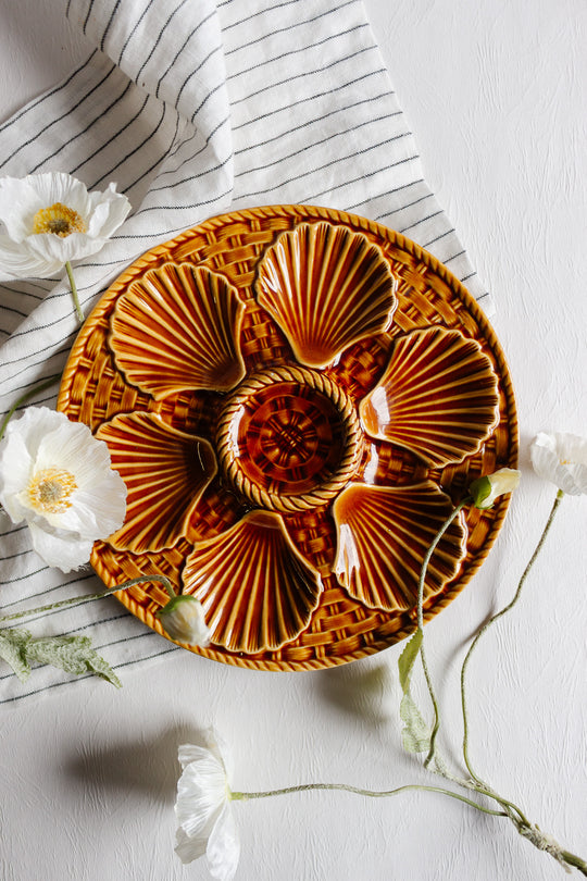 antique french "basketweave" Longchamp amber oyster plate