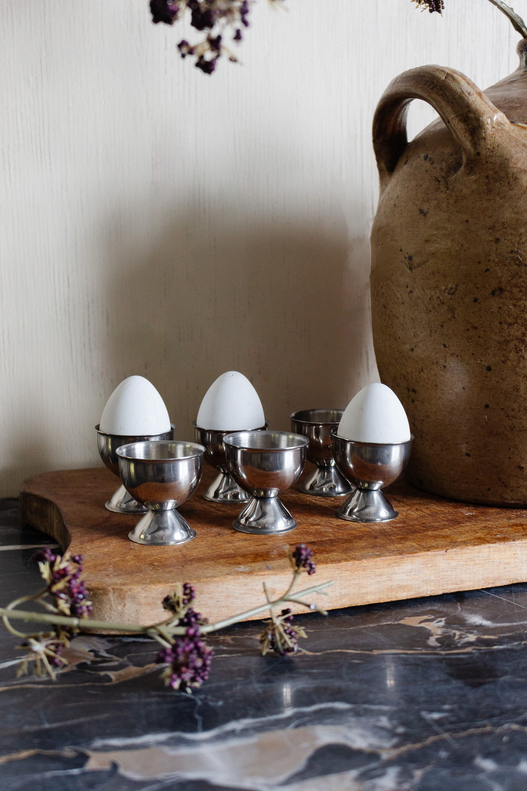 vintage french metal egg cups, set of six