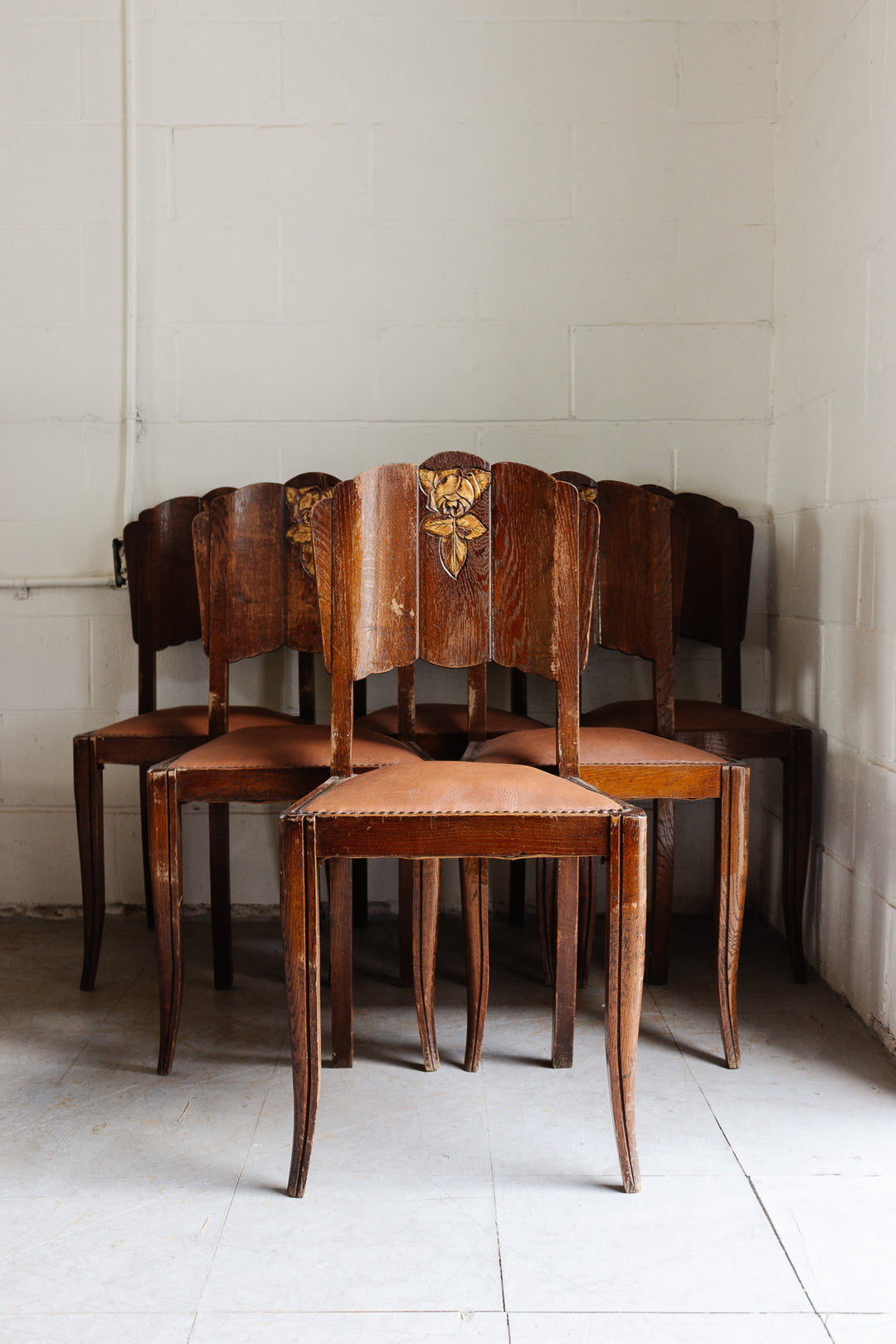 set of 6 floral carved art deco wood chairs