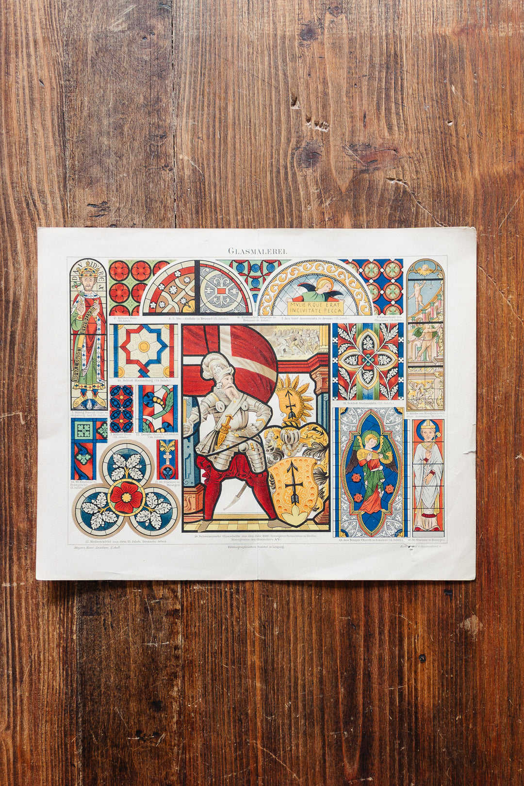antique chromolithograph pair — emailmalerei & glasmalerei, meyers konversations-lexikon