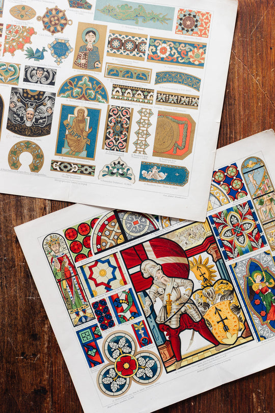 antique chromolithograph pair — emailmalerei & glasmalerei, meyers konversations-lexikon