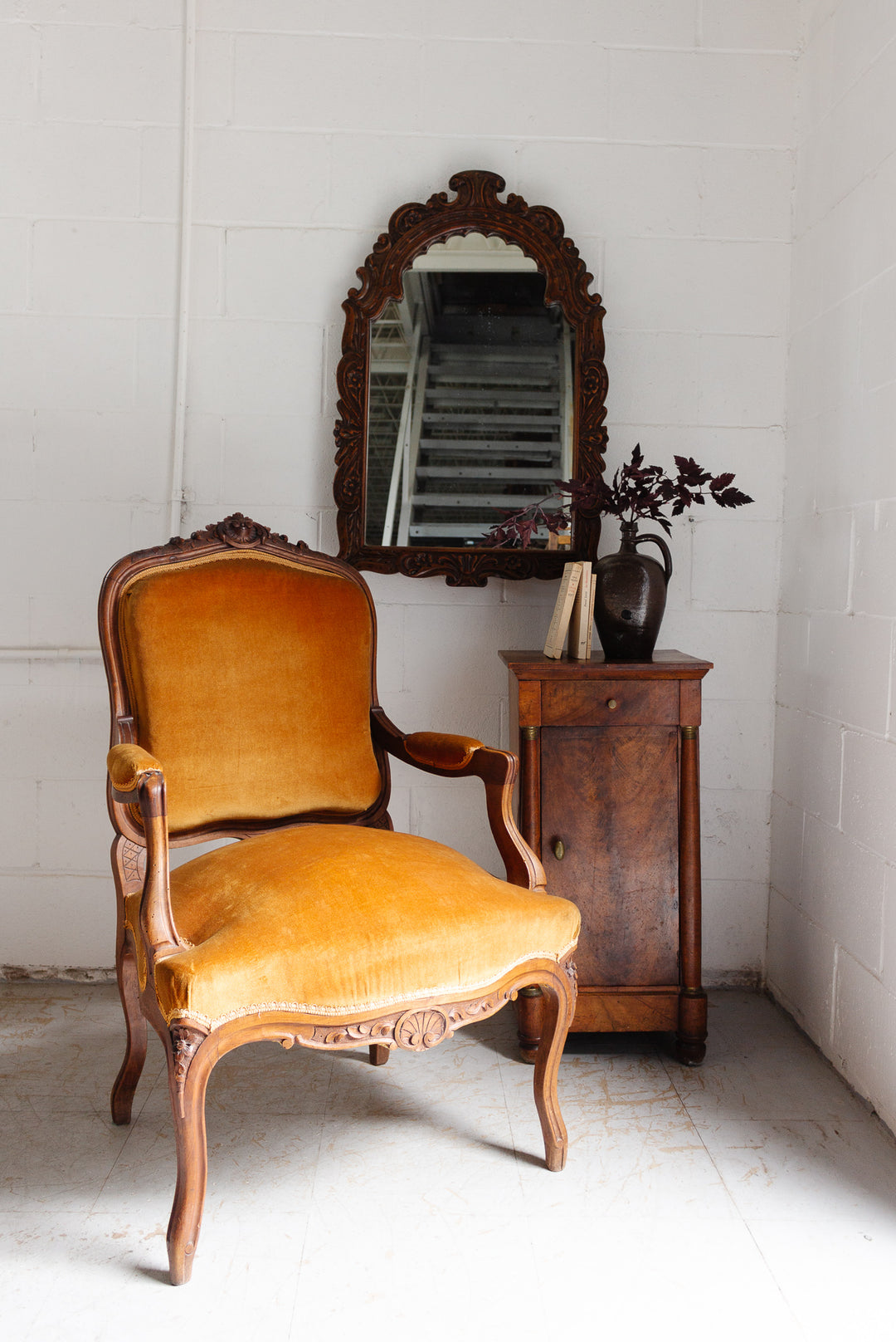 vintage french ornate carved arch wood mirror