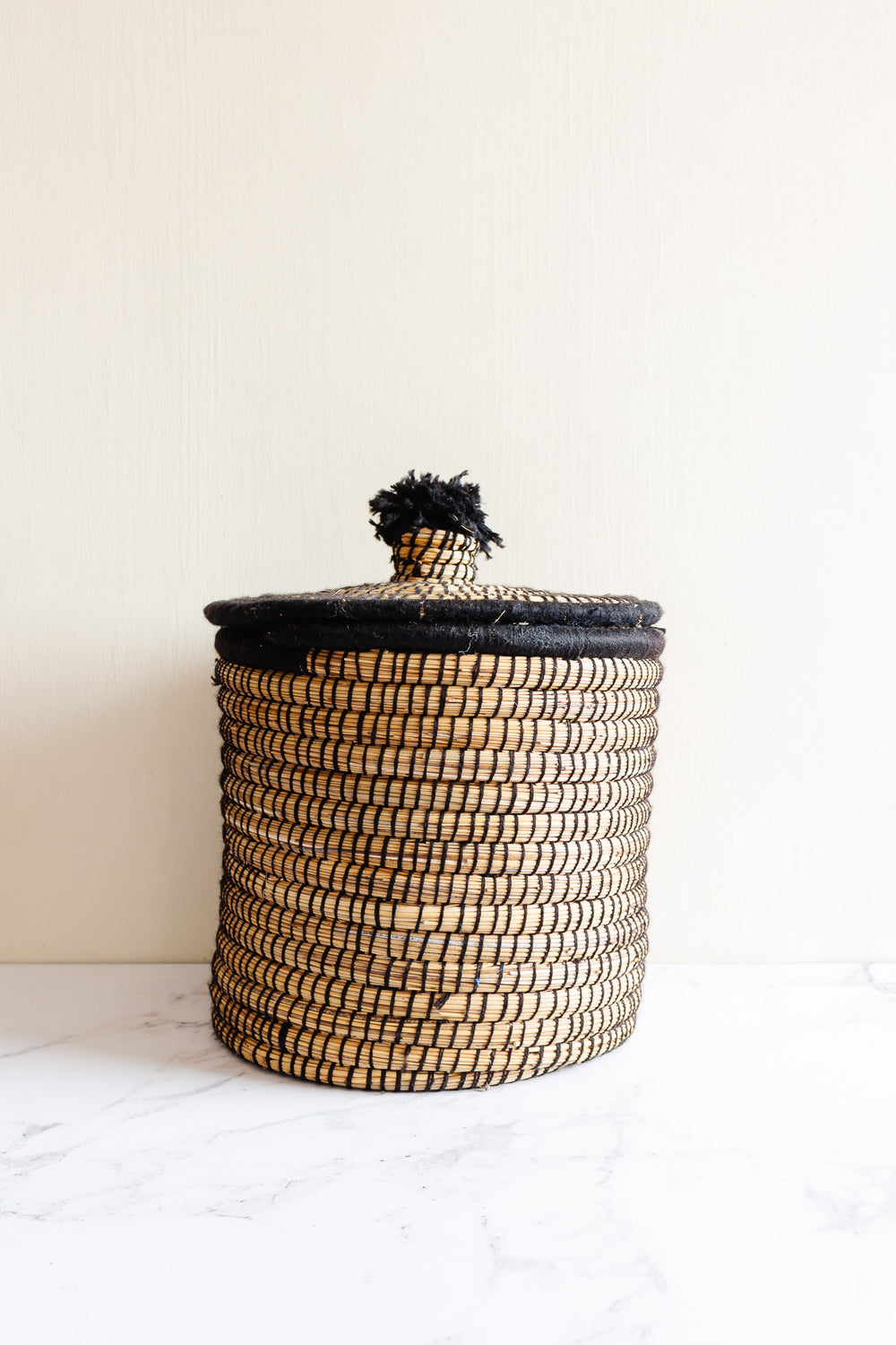 vintage moroccan straw and wool Berber basket