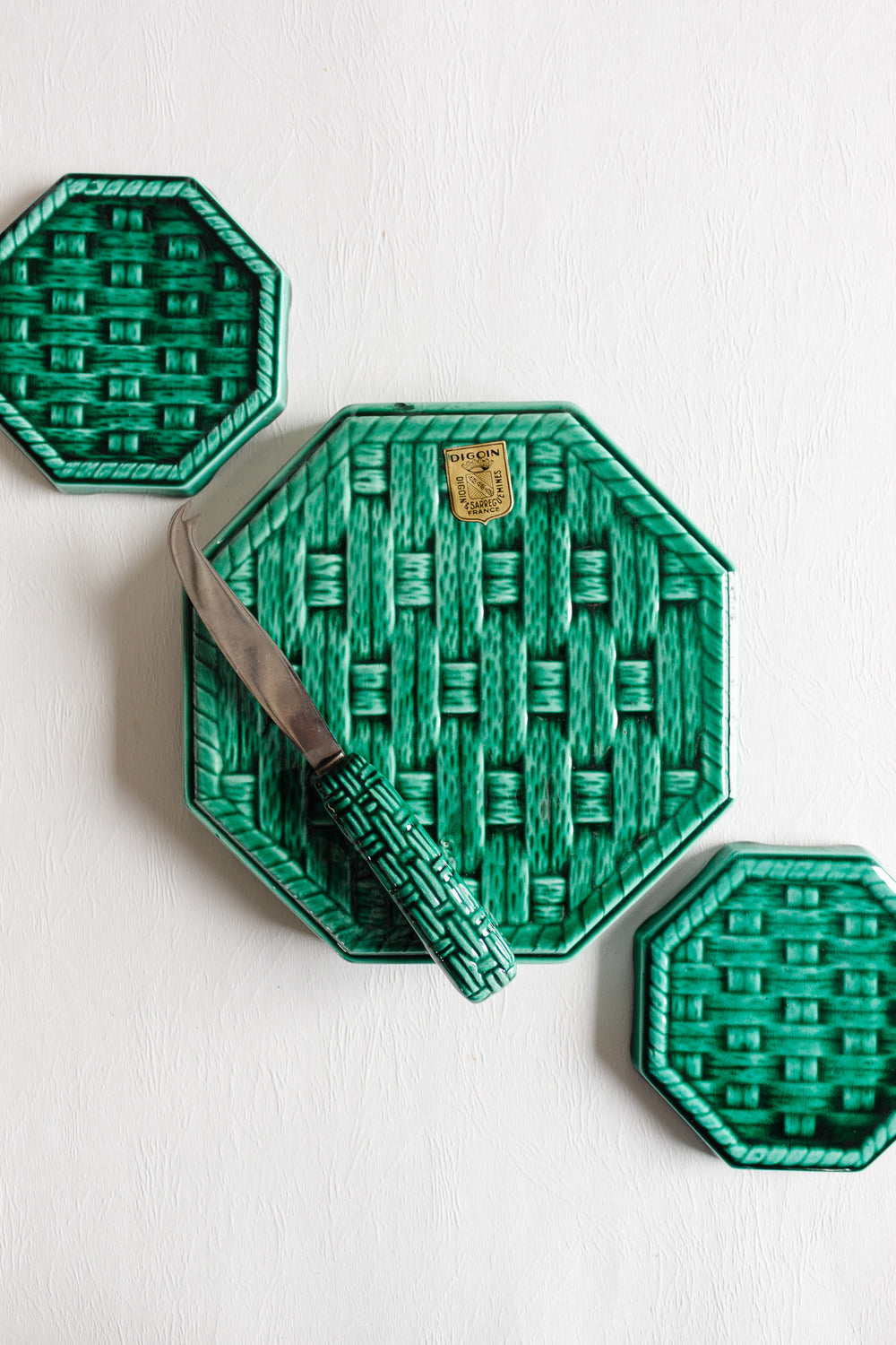 vintage set of digoin emerald "woven" cheese board and wine coasters