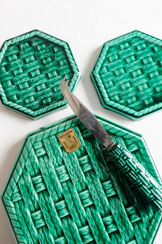 vintage set of digoin emerald "woven" cheese board and wine coasters