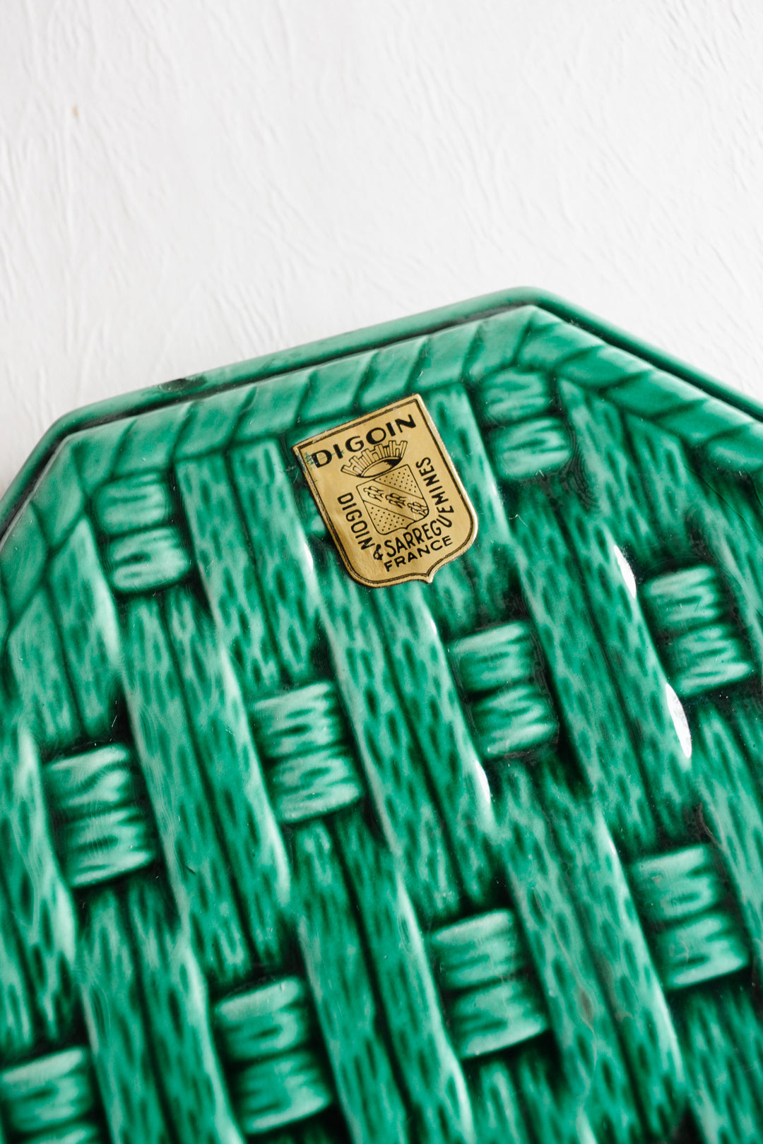 vintage set of digoin emerald "woven" cheese board and wine coasters