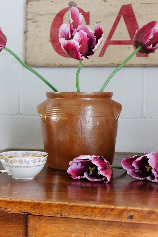 antique french stoneware confit pot, brown