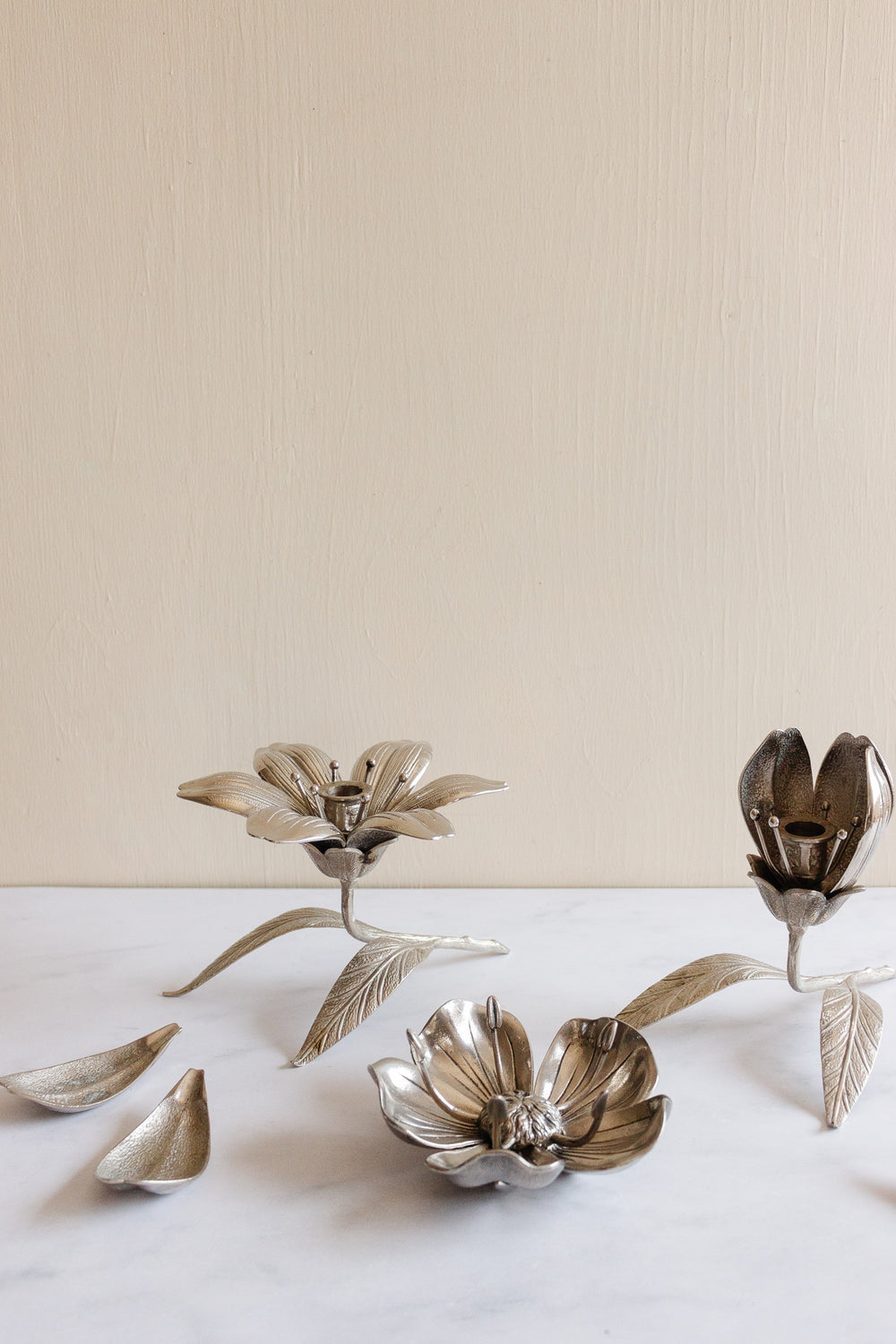 midcentury Italian white brass lotus sculptural ashtray & candleholder