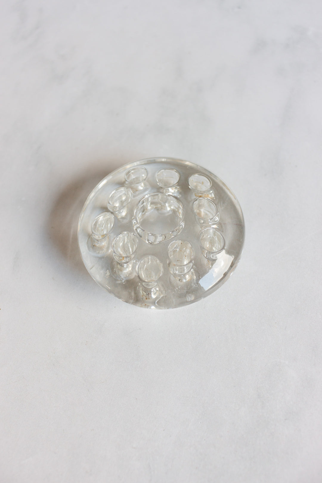 antique French glass flower frog with candle holder