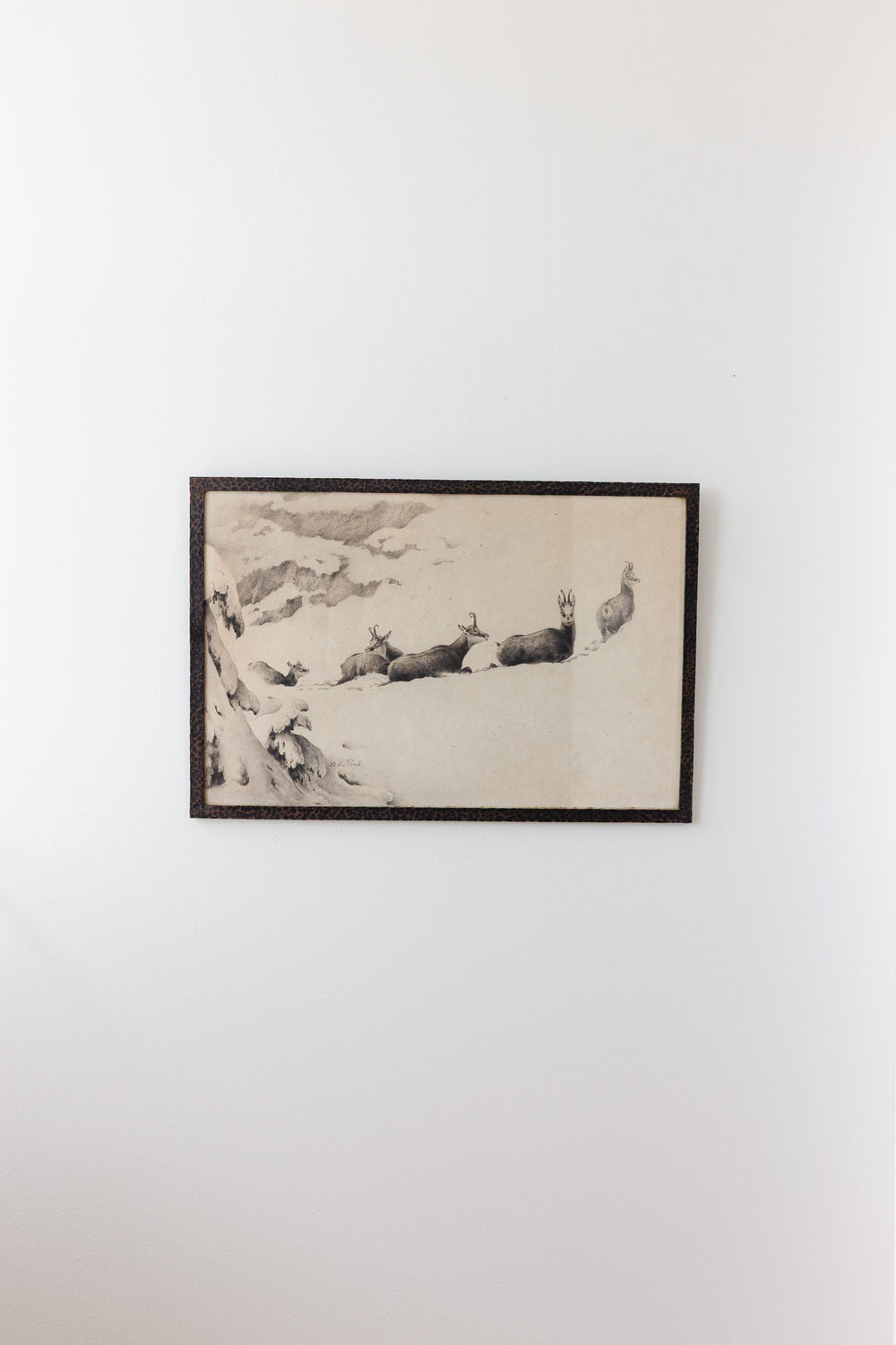 vintage xavier de poret lithograph "chamois au repos dans un paysage de neige"