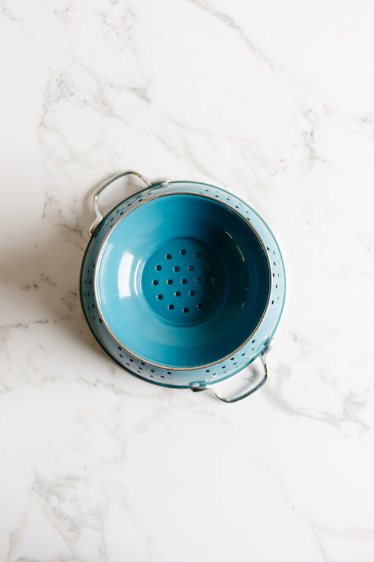 vintage french blue enamel country kitchen colander