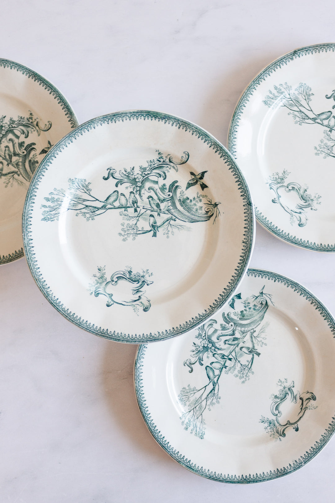 antique French “Rocaille” transferware dinner plates, set of 4