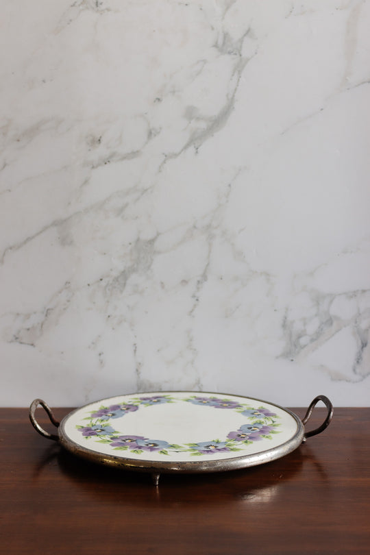 antique french porcelain trivet with metal handles