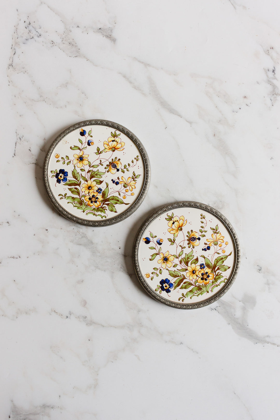 antique french porcelain and pewter "sous-verre" pair