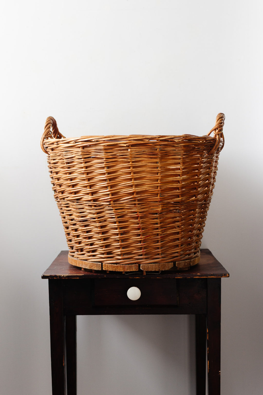 antique french extra large basket wood plank base