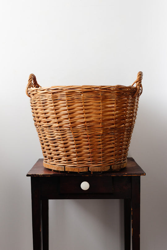 antique french extra large basket wood plank base