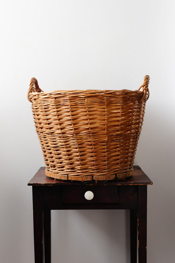 antique french extra large basket wood plank base