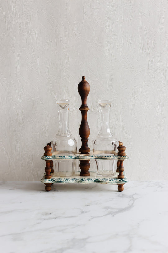 antique french transferware and turned wood oil and vinegar set