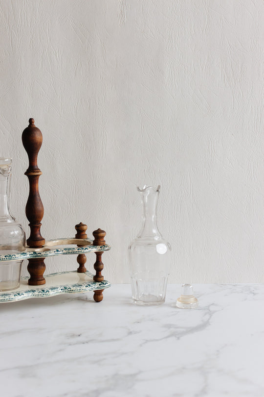 antique french transferware and turned wood oil and vinegar set