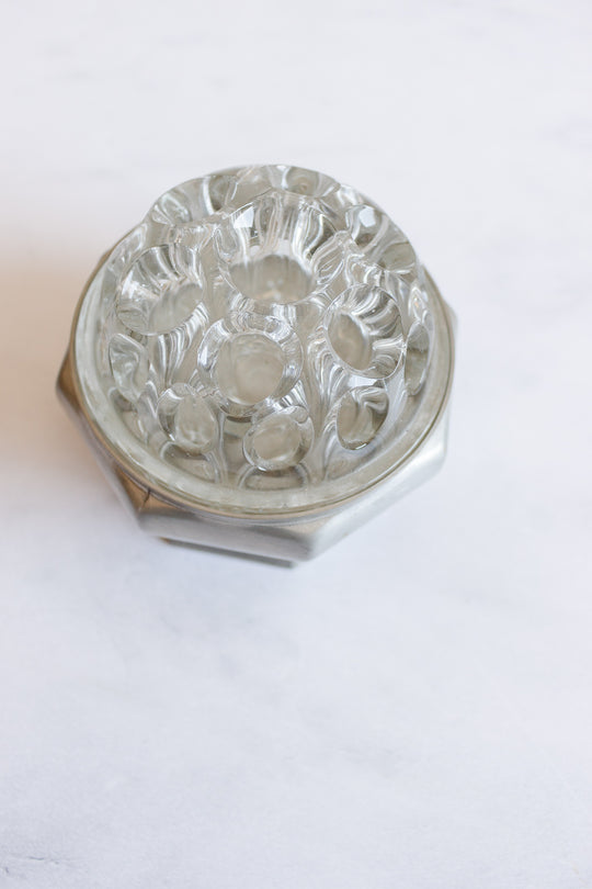 vintage French glass flower frog with pewter pedestal base