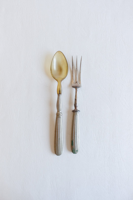 antique french repousse silverplate and horn serving set