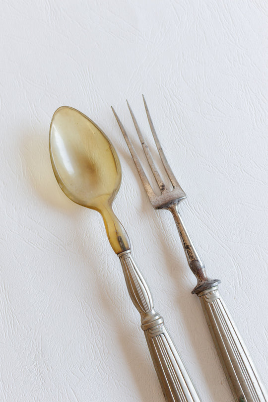 antique french repousse silverplate and horn serving set