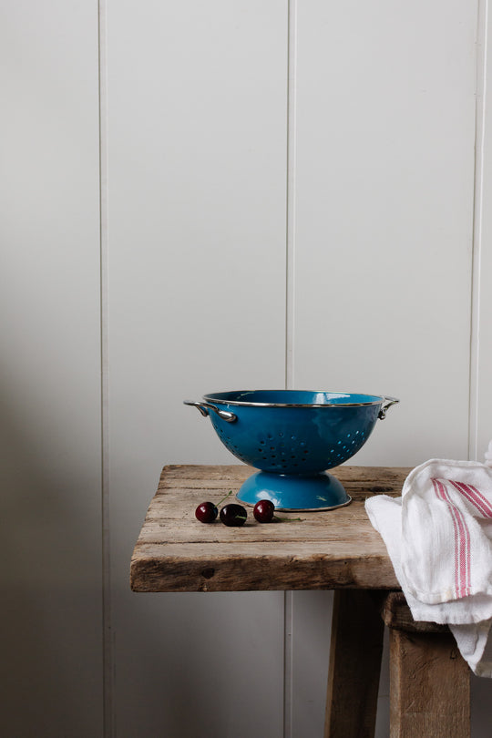 vintage french blue enamel country kitchen colander