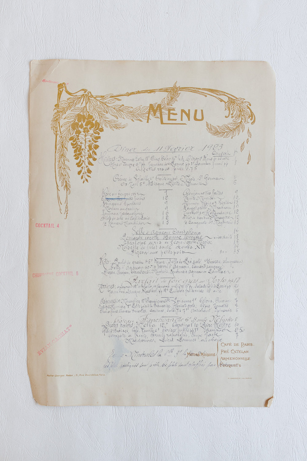 antique french "café de paris" handwritten menu dated 1923