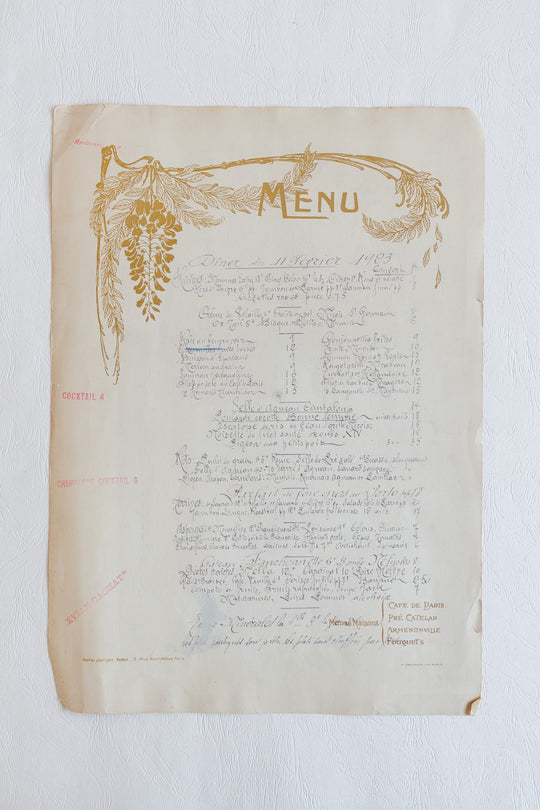 antique french "café de paris" handwritten menu dated 1923