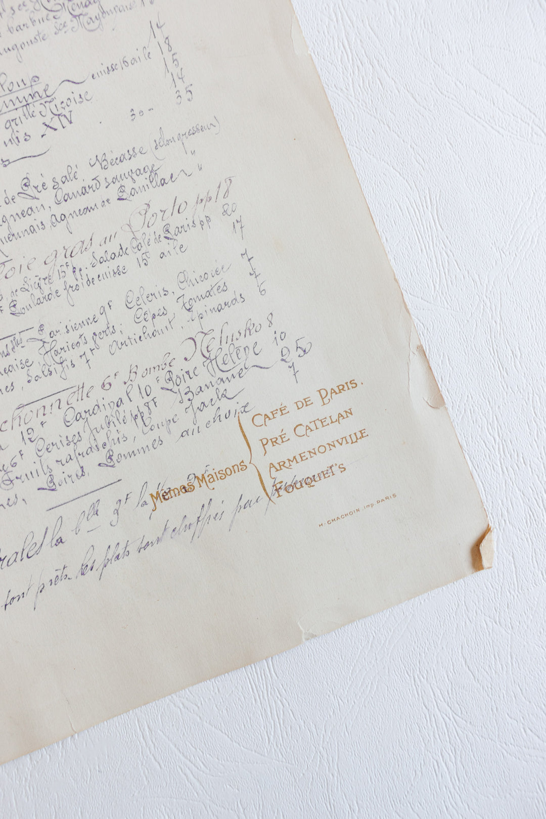 antique french "café de paris" handwritten menu dated 1923