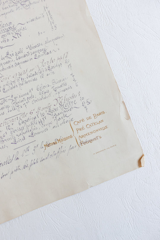 antique french "café de paris" handwritten menu dated 1923