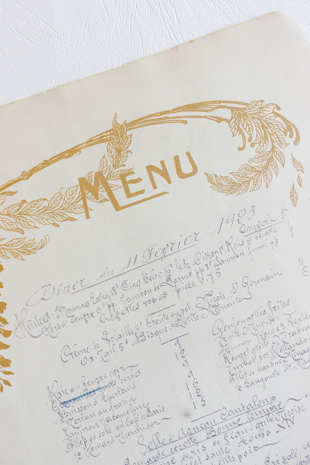 antique french "café de paris" handwritten menu dated 1923