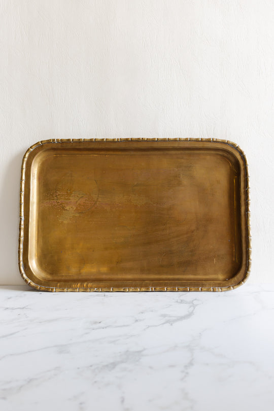 vintage brass serving tray with faux bamboo border