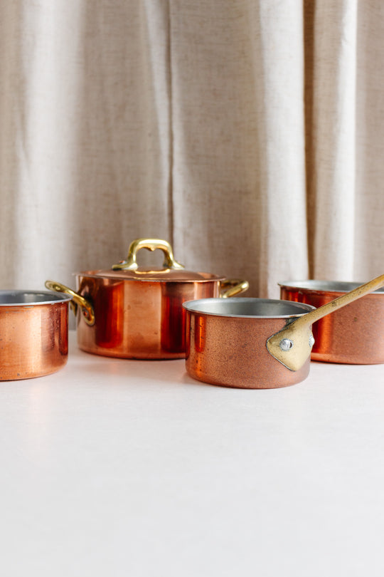 vintage french small copper pots, set of 4