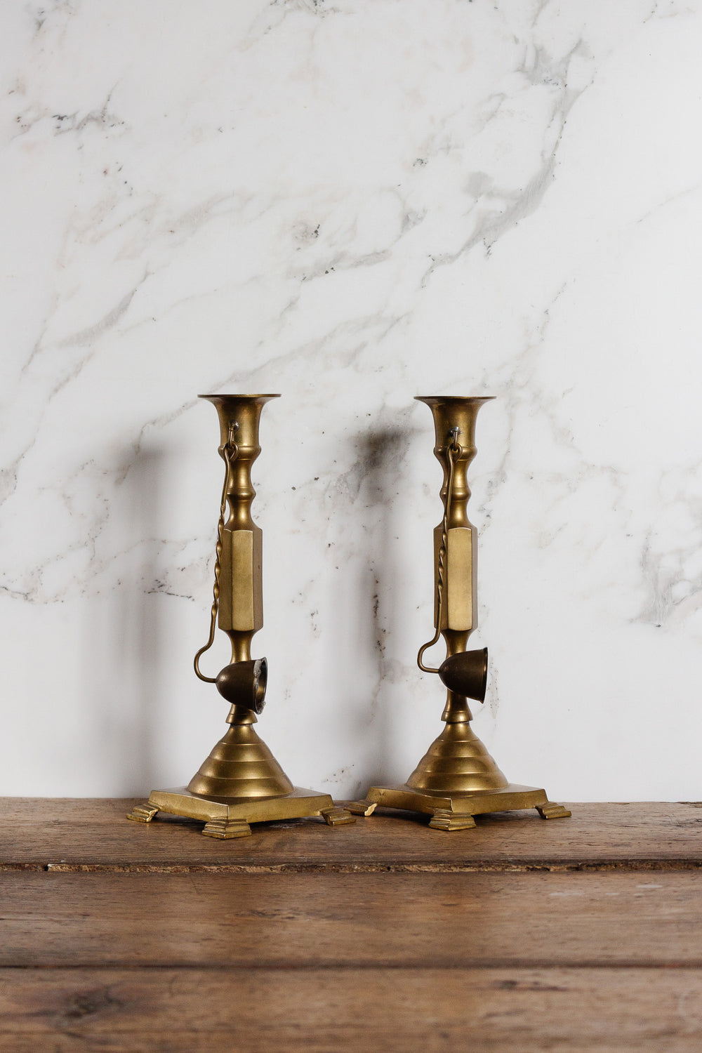 pair of antique french brass candlesticks with snuffers