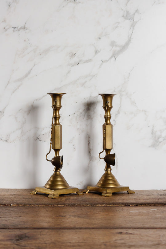 pair of antique french brass candlesticks with snuffers