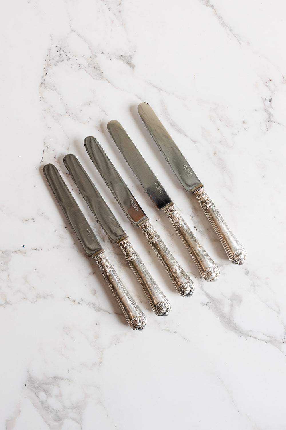 rare turn of the century French stamped silver knife set, C. Detouche Paris