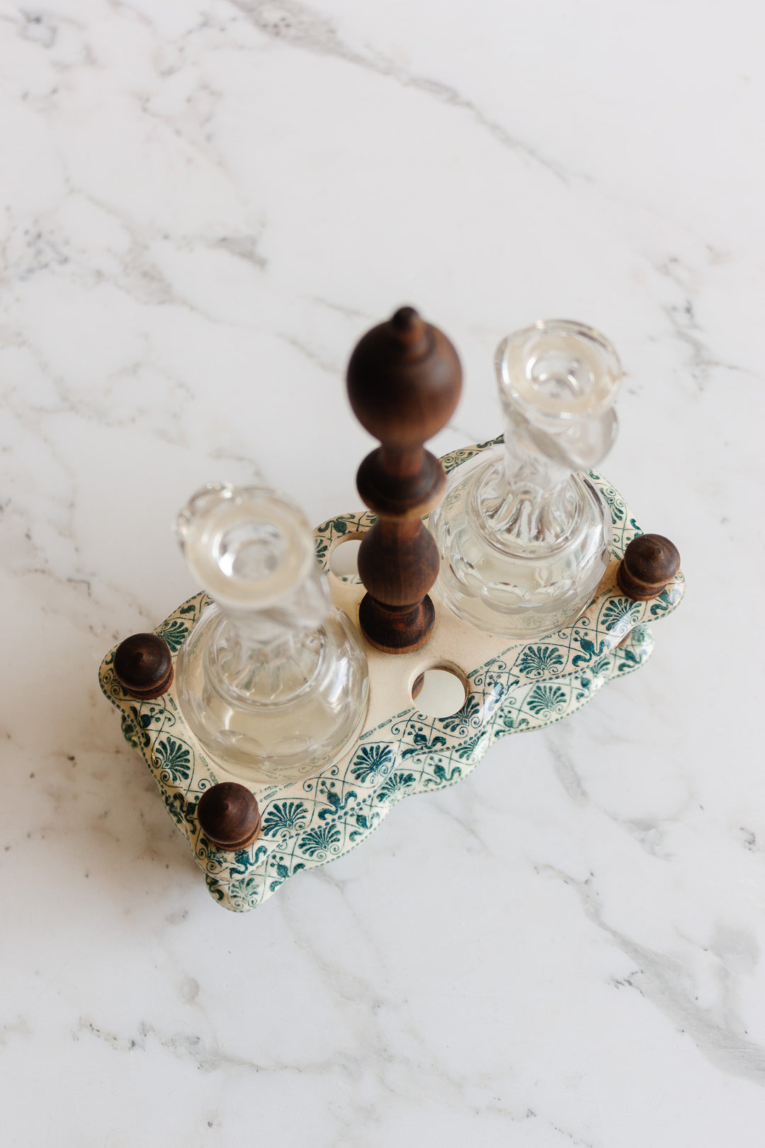 antique french transferware and turned wood oil and vinegar set
