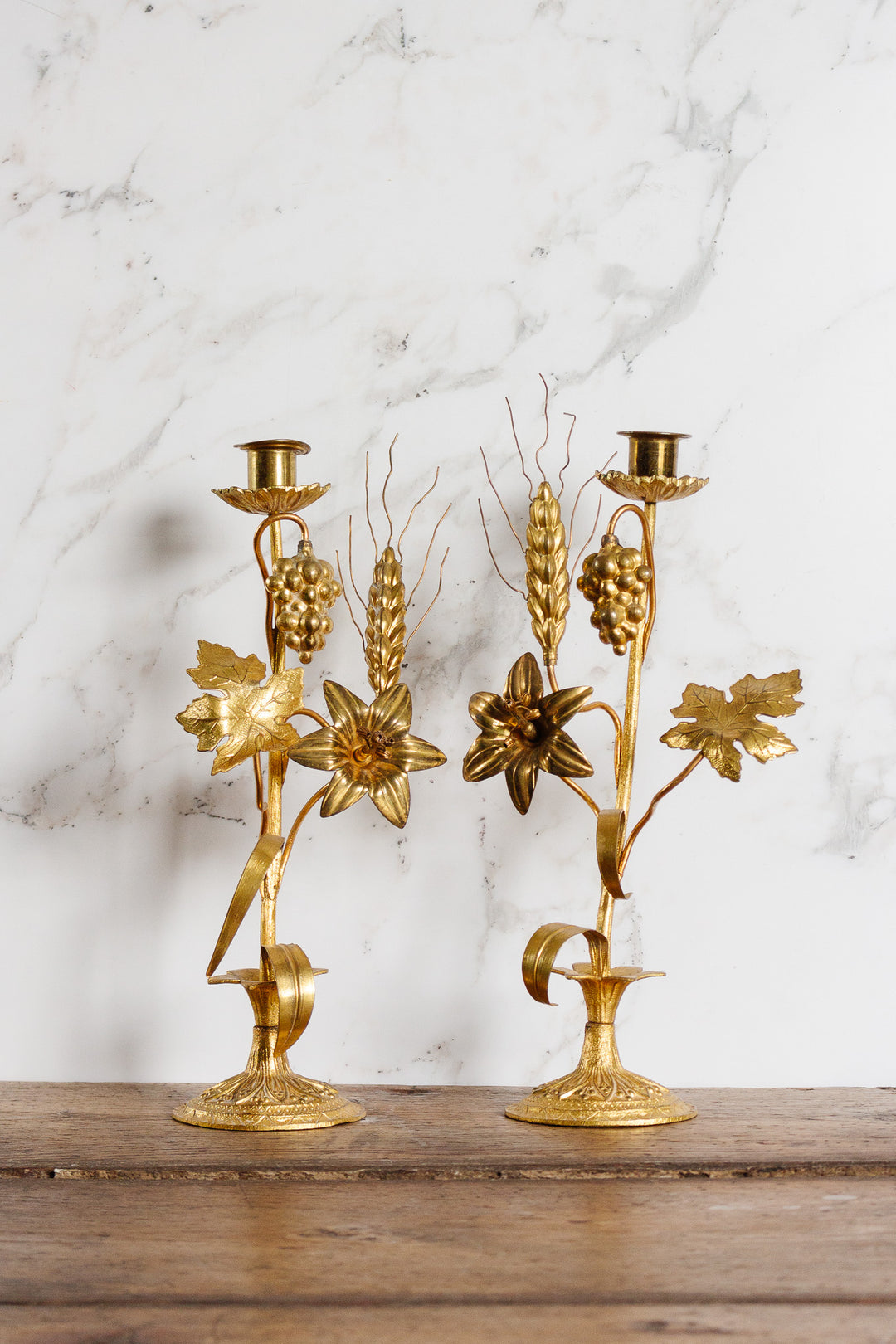 pair of vintage italian gilt tole floral candlesticks