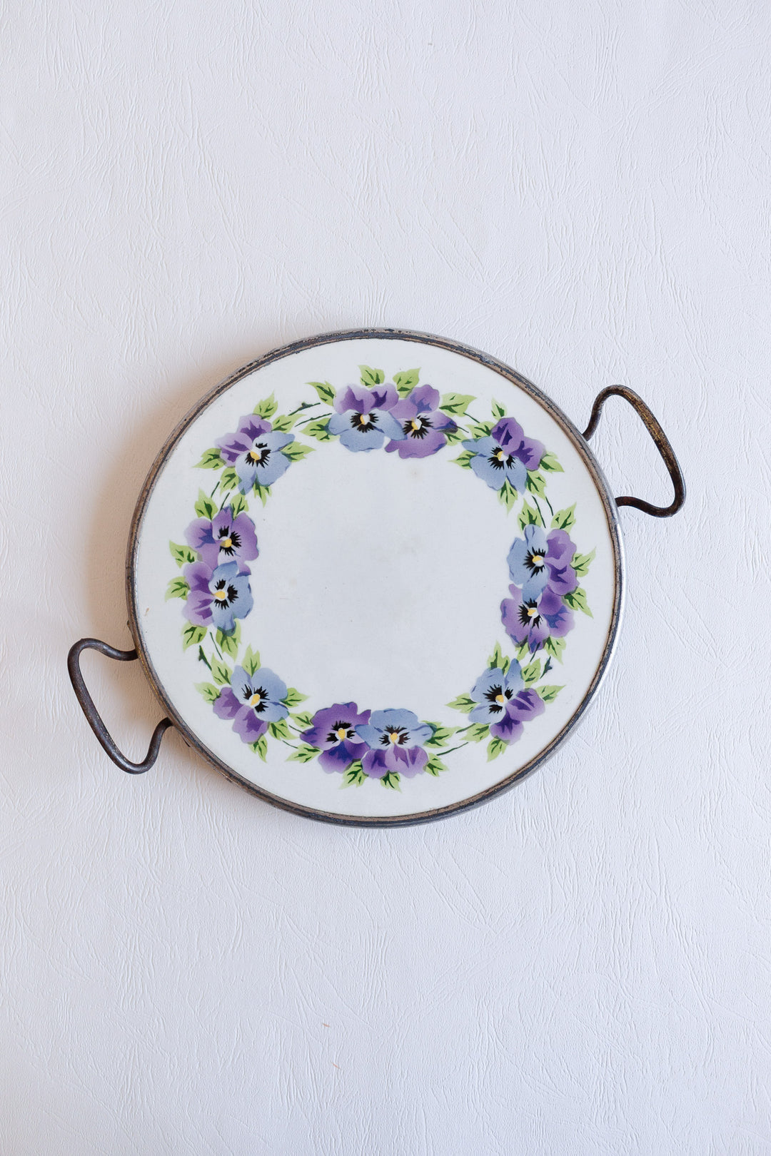 antique french porcelain trivet with metal handles