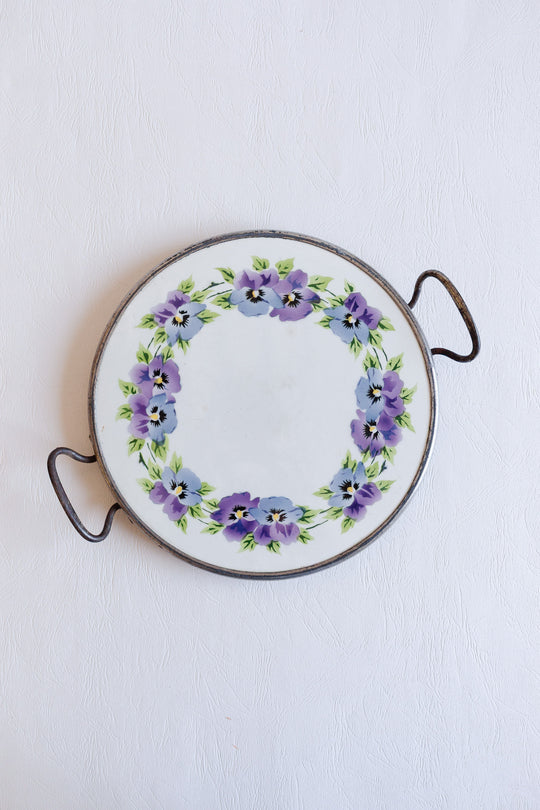 antique french porcelain trivet with metal handles