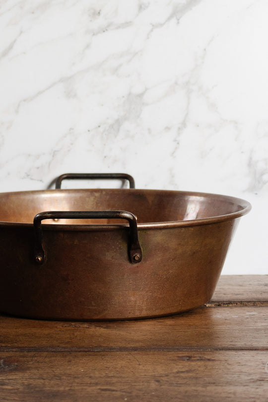 antique french large copper jam pot with square handles