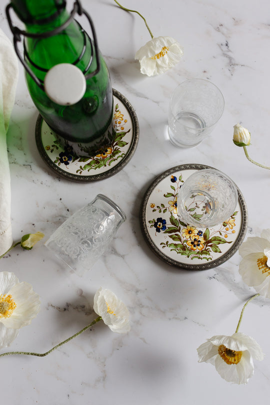 antique french porcelain and pewter "sous-verre" pair