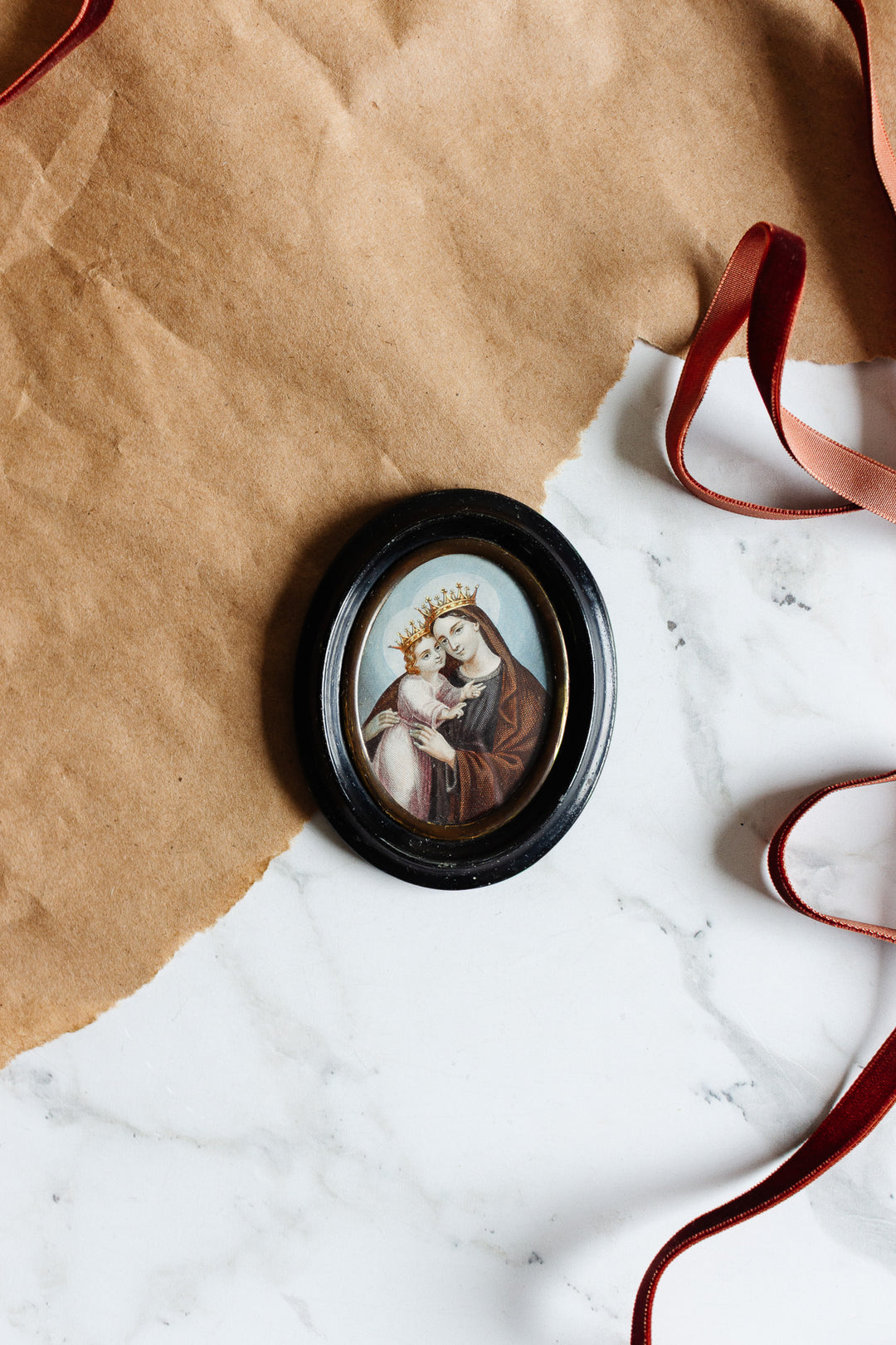 antique napolean french relic of madonna and child in an ebonized frame