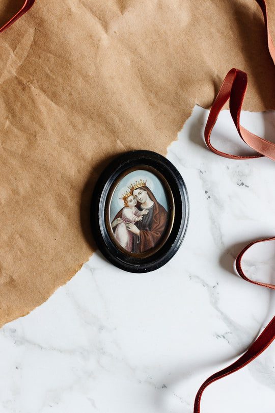 antique napolean french relic of madonna and child in an ebonized frame