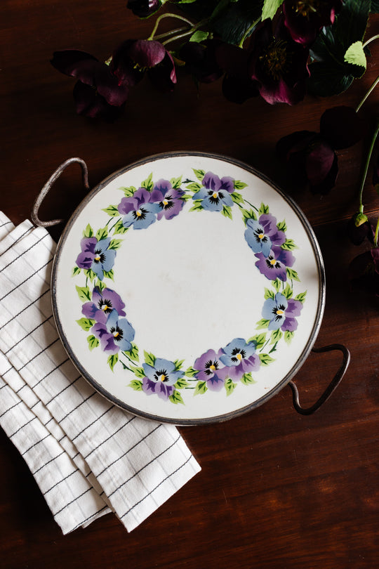 antique french porcelain trivet with metal handles