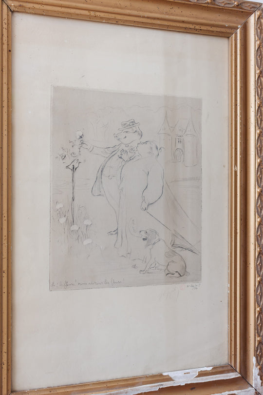 antique french satirical pencil drawing — "Oh! les fleurs! nous adorons les fleurs!"