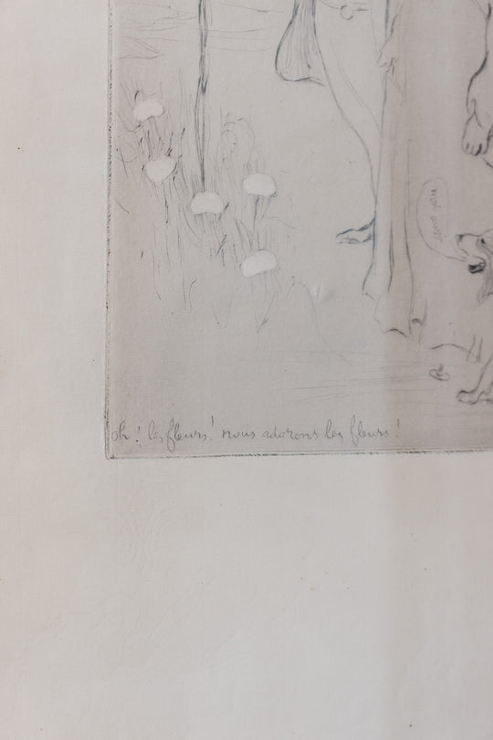 antique french satirical pencil drawing — "Oh! les fleurs! nous adorons les fleurs!"
