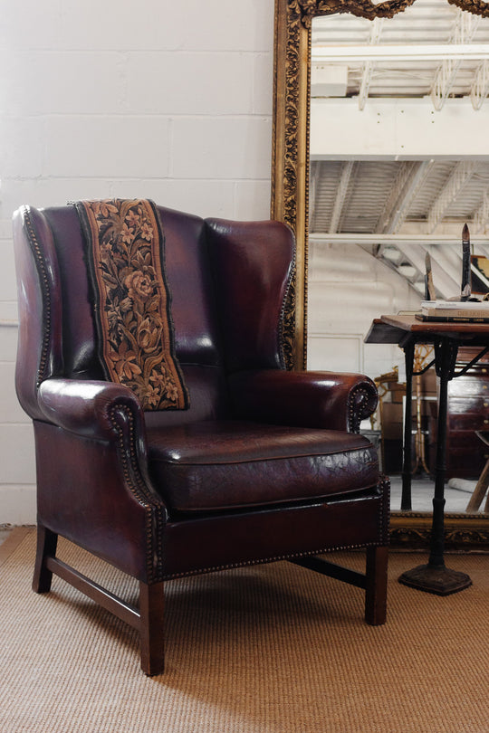 vintage European sheepskin leather wingback chair