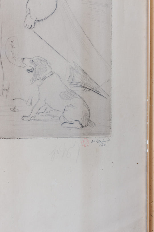 antique french satirical pencil drawing — "Oh! les fleurs! nous adorons les fleurs!"